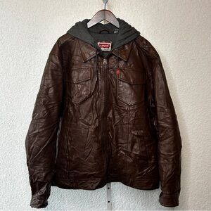 102. Men’s Levi’s brown faux leather jacket with gray lined hoodie. Size XXL